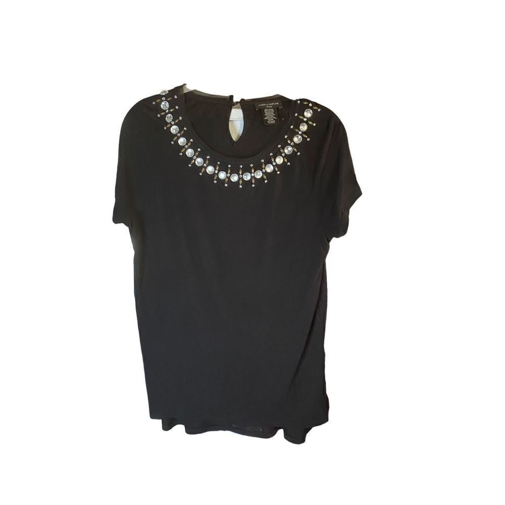Lord & Taylor, women’s petite embellished, black shirt sleeve top MP